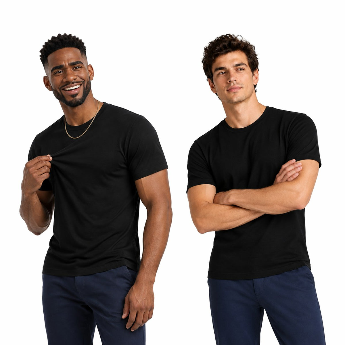 Two models wearing the SUVVO Men's Black Tee
