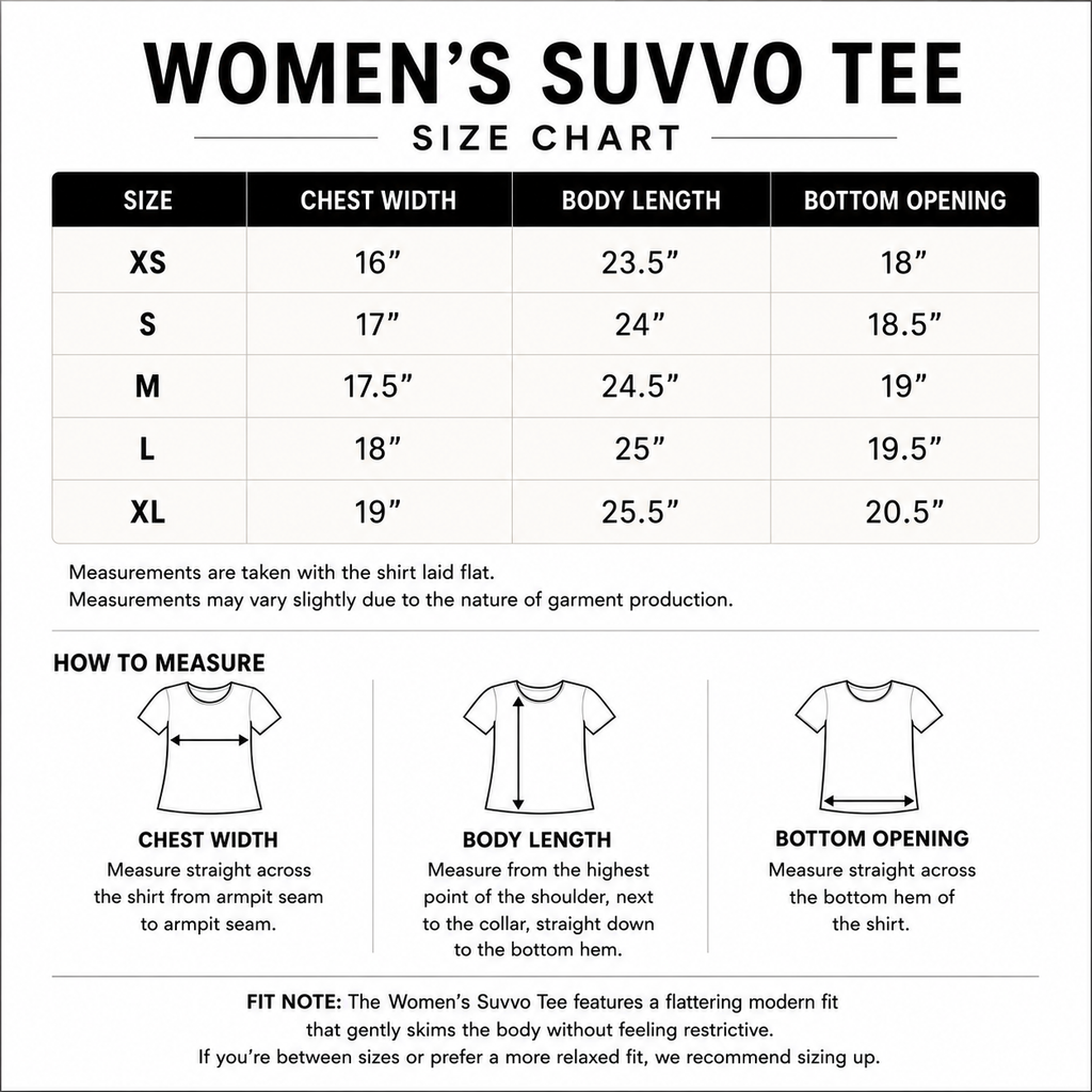 Women's Suvvo Tee size chart with chest width, body length, and bottom opening measurements for sizes XS through XL
